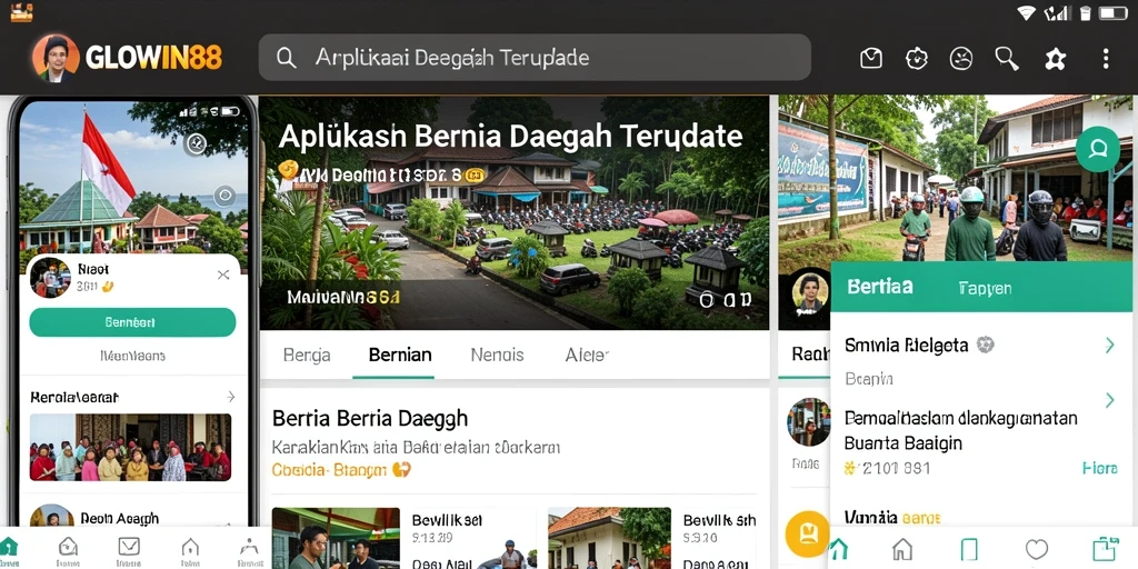 Tampilan antarmuka aplikasi GLOWIN88 dengan berita daerah terkini.