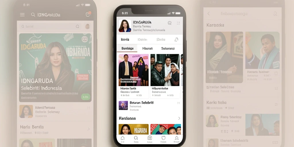 Antarmuka IDNGARUDA menampilkan berita selebriti terbaru dengan desain yang menarik.