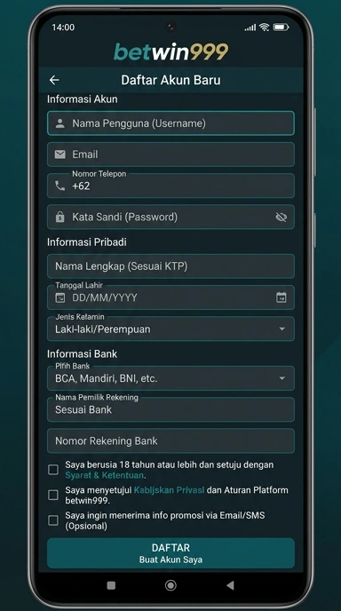 Tampilan halaman daftar betwin999
